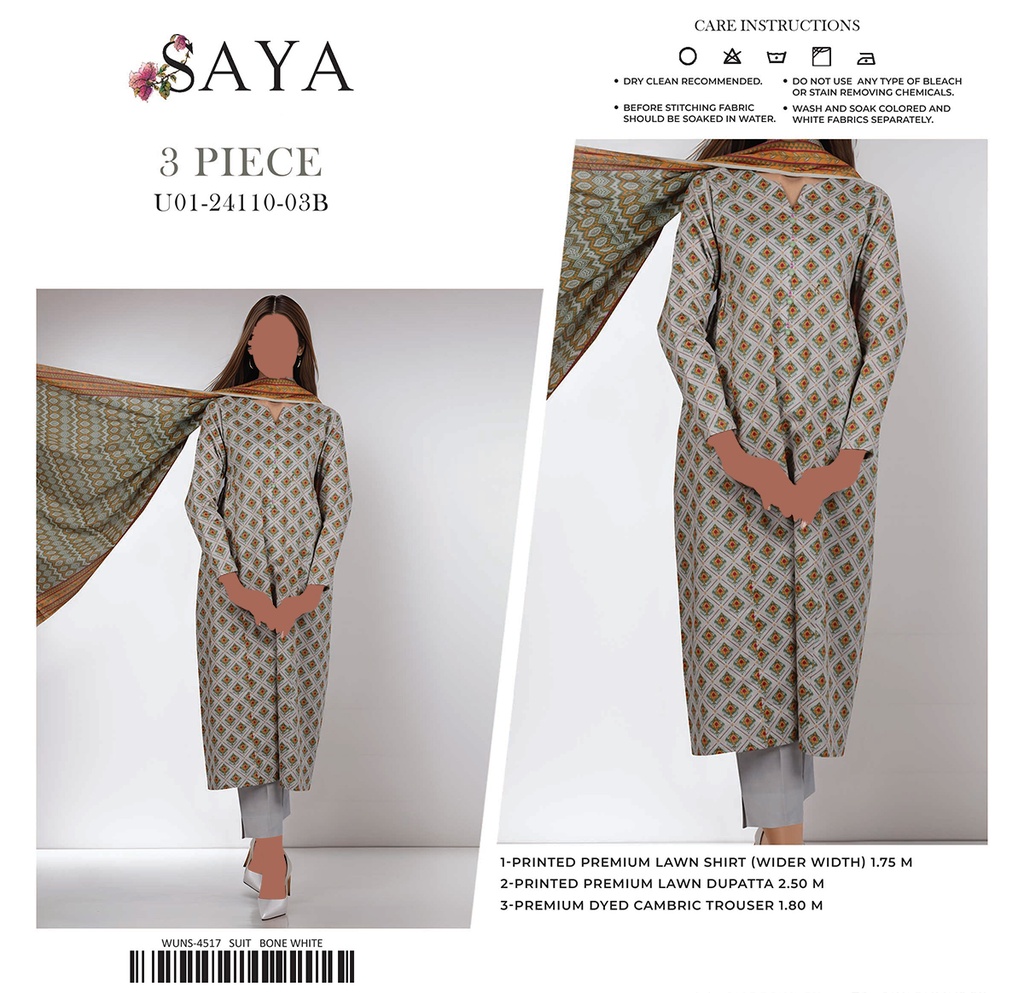 Saya 3Pc Printed Lawn Suit-24110-03B